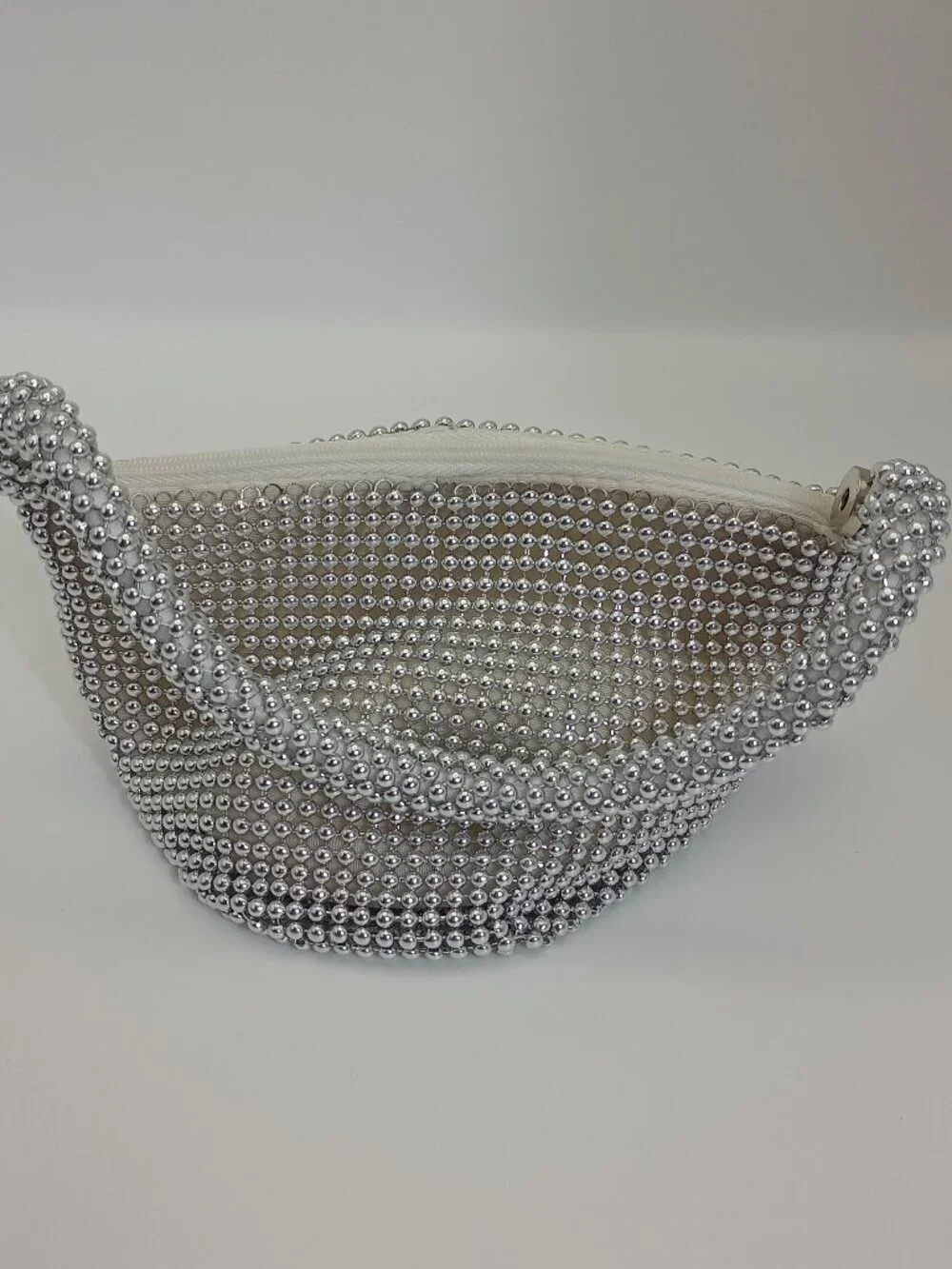 Silver Beaded Hobo Shoulder Bag Y2K Evening Party Purse Rhinestone Look